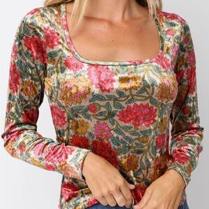 Natural Life Danielle Square Neck Floral Velvet Top Lush Zinnia Multicolor M NWT